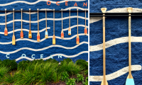 Wooden oars with combinations of the brand colors on the blades. Each handle has the name of one of the many tributaries that feed the Chesapeake Bay. Photo credit: Vivian Marie Doering